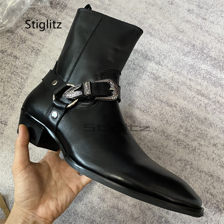 Leather Work Western - Men's Belt Buckle Ankle Boots Black